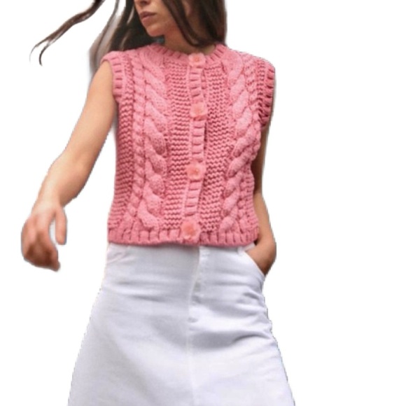 Zara Sweaters - Zara NWOT Candy Pink Cable Knit Sleeveless Vest with Flower Buttons Size Small